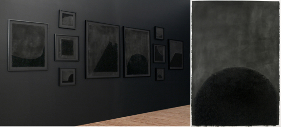 On left: ”Nothing To See Hear” on view at "Right Here, Right Now: Houston".  On right: “Innocence," synthetic and human hair, graphite on paper bags 30in x 43in 2013.
